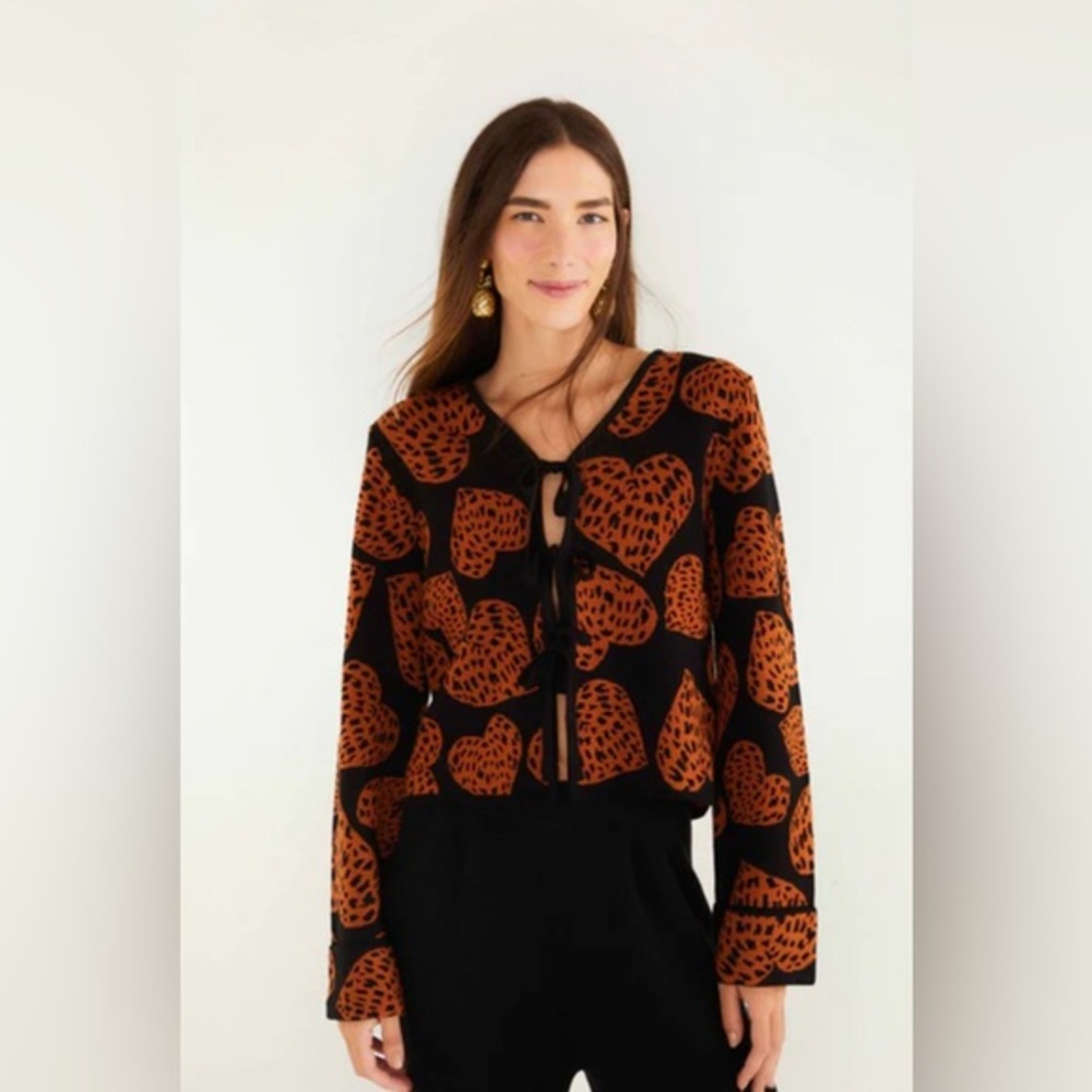 NWT Farm Rio Black Leopard Hearts Front Ties Knit Cardigan